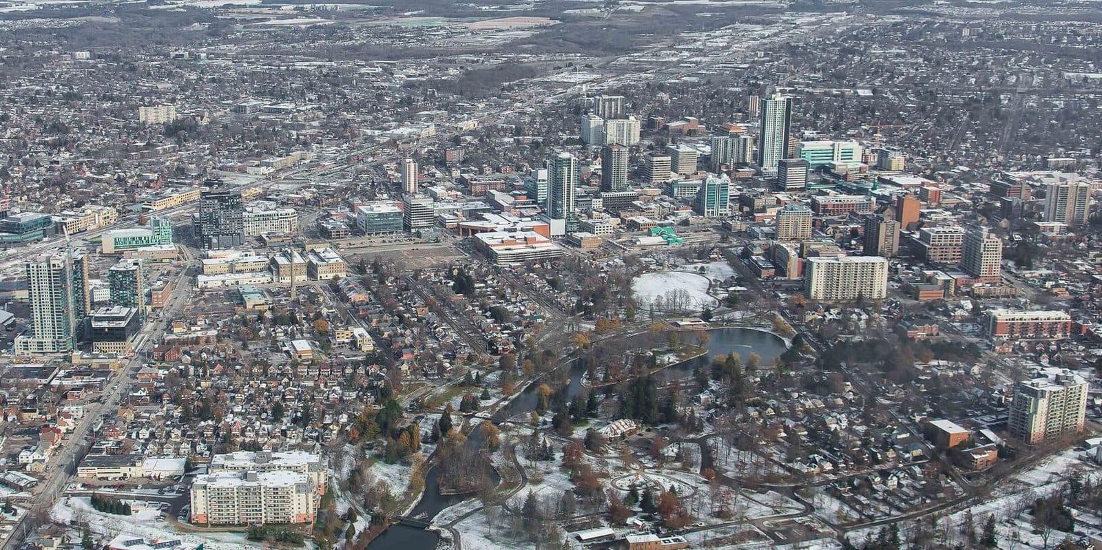 Aerial view of downtown Kitchener and Victoria Park